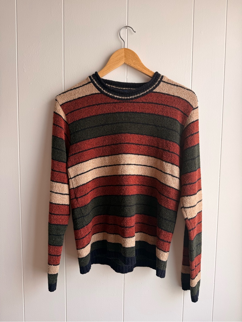 Striped Crewneck Sweater in Rust, Olive & Cream